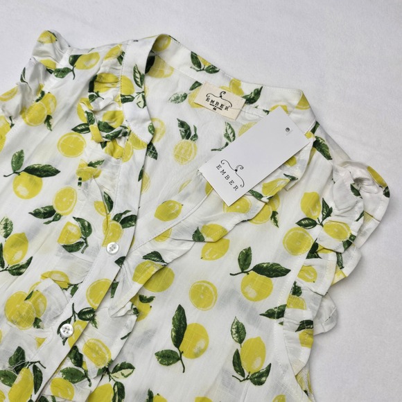 Ember Tops - Ember Lemon Print Ruffle Button Front Linen Tank Top Medium Citrus Light Italy